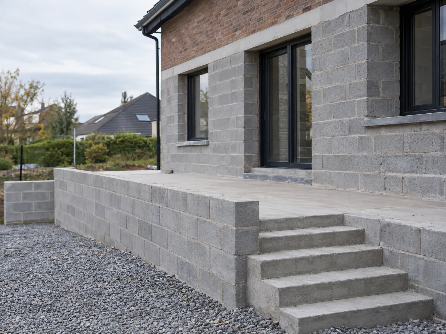 Terrasse en dalle béton avec escaliers et maçonnerie en moellons gris
