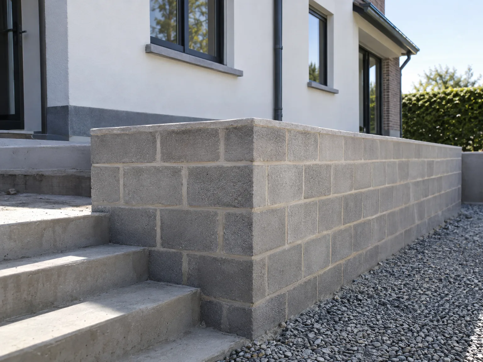 Mur en blocs de béton préfabriqués avec finition pierre, accès par escalier béton