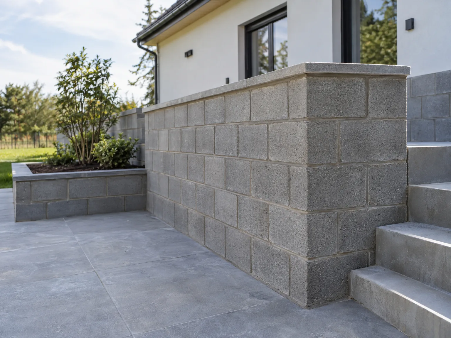 Mur en blocs de béton gris avec escalier et terrasse de béton taloché