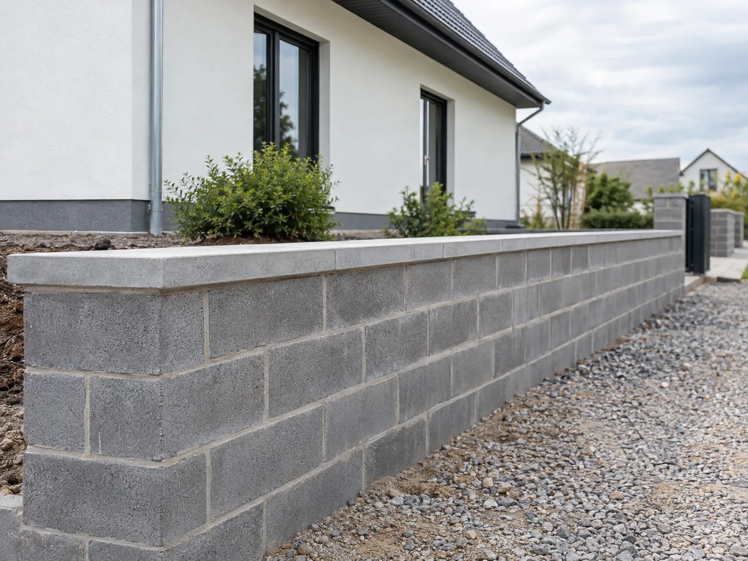 Mur maçonnerie en blocs béton avec chaperon blanc pour aménagement extérieur