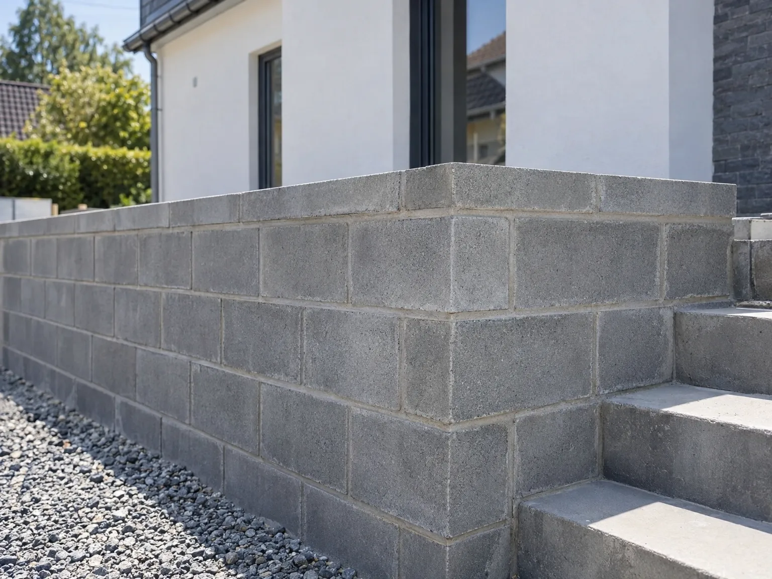 Maçonnerie : mur en blocs béton gris avec arête arrondie, finitions professionnelles