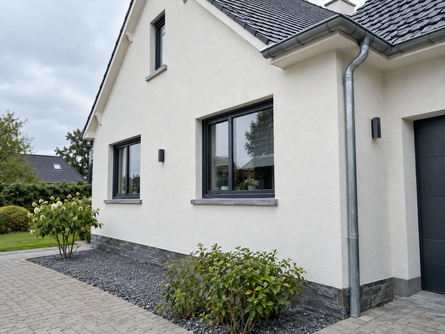 Maison rénovée avec ravalement de façade blanche, toiture anthracite et gouttières métalliques