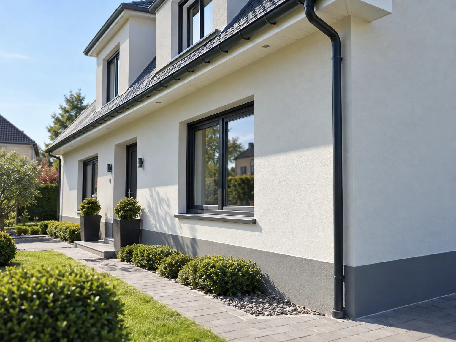 Maison rénovée avec toiture noire, façade blanche, gouttières et fenêtres modernes