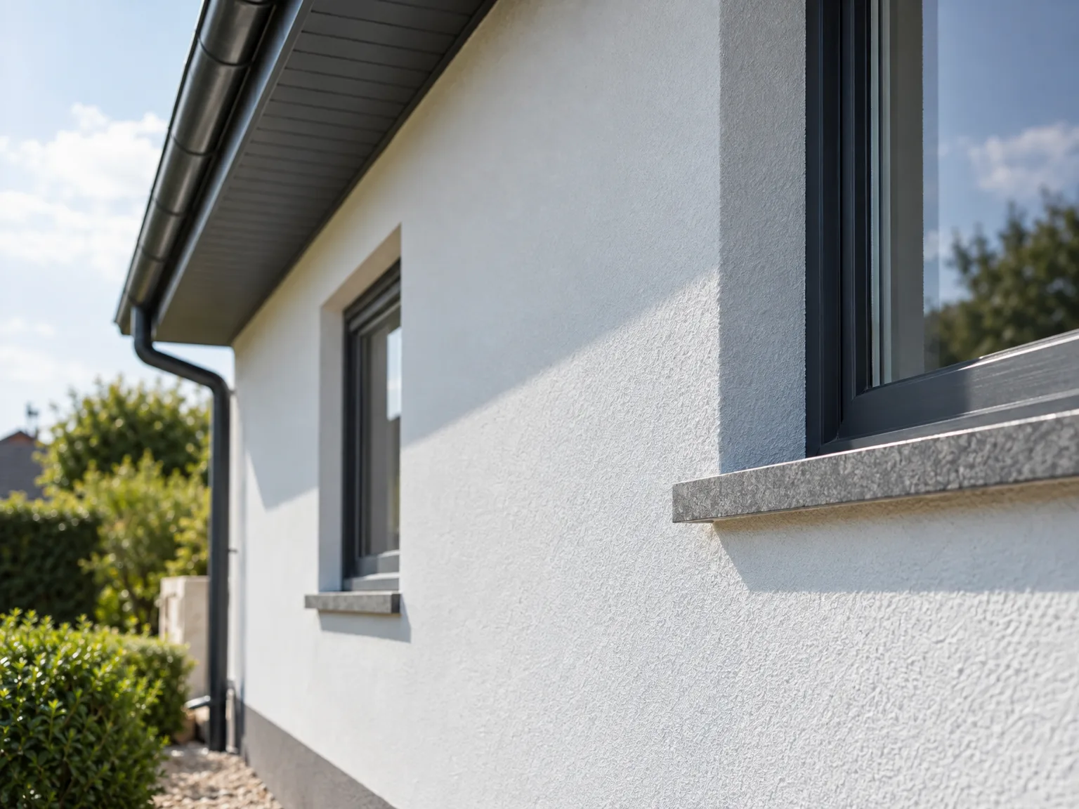 Façade blanche ravalisée avec enduit lisse, fenêtres noires et gouttières