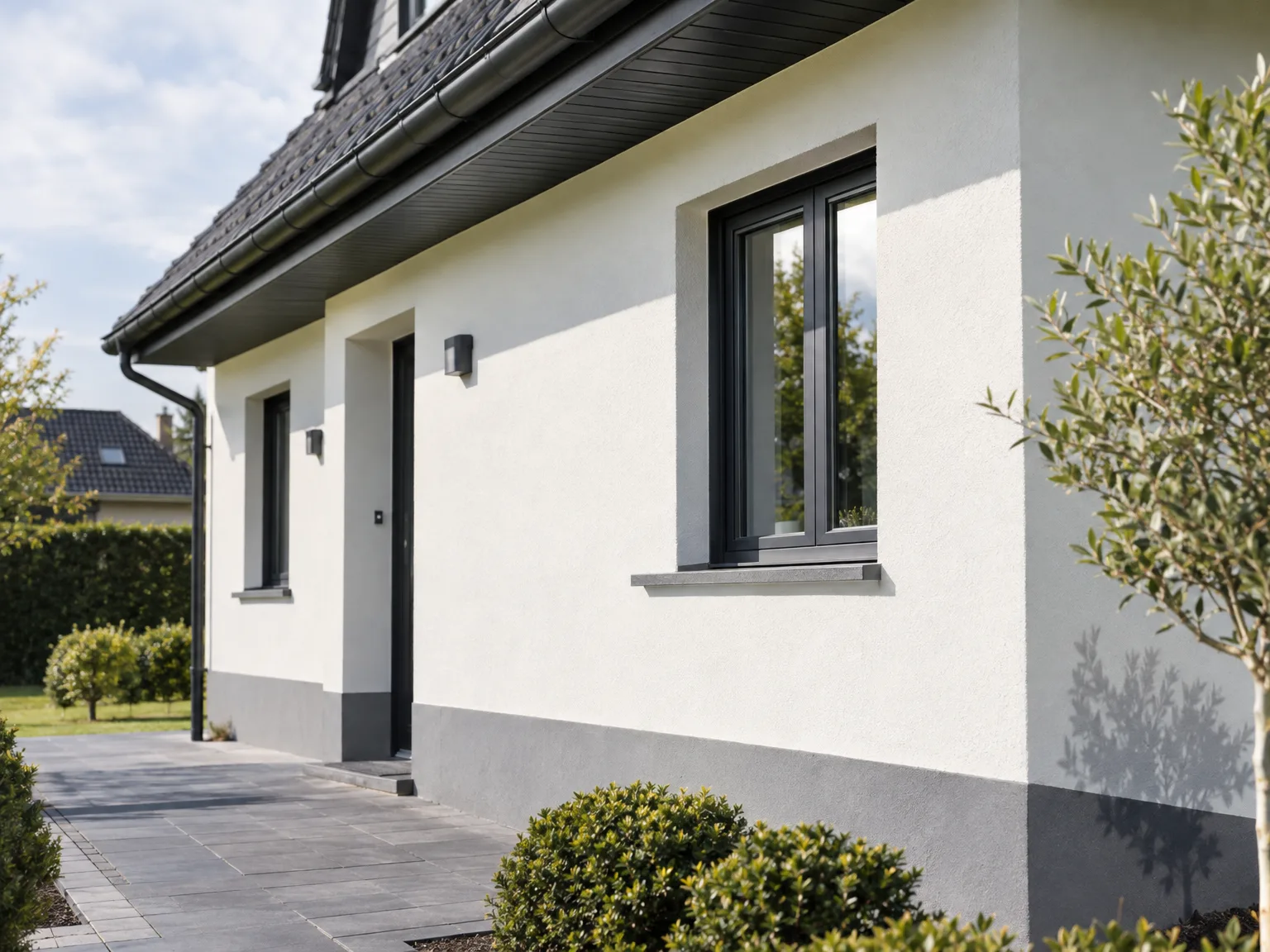 Ravalement de façade blanche modernisée avec porte noire et terrasse carrelée