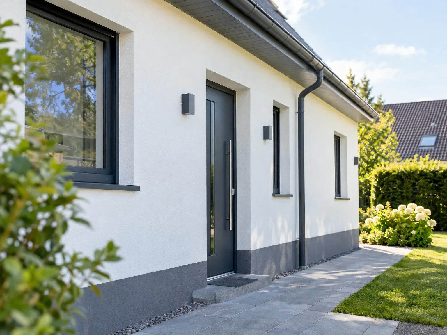 Façade ravalisée d'une maison moderne avec enduit blanc, soubassement gris et menuiseries noires