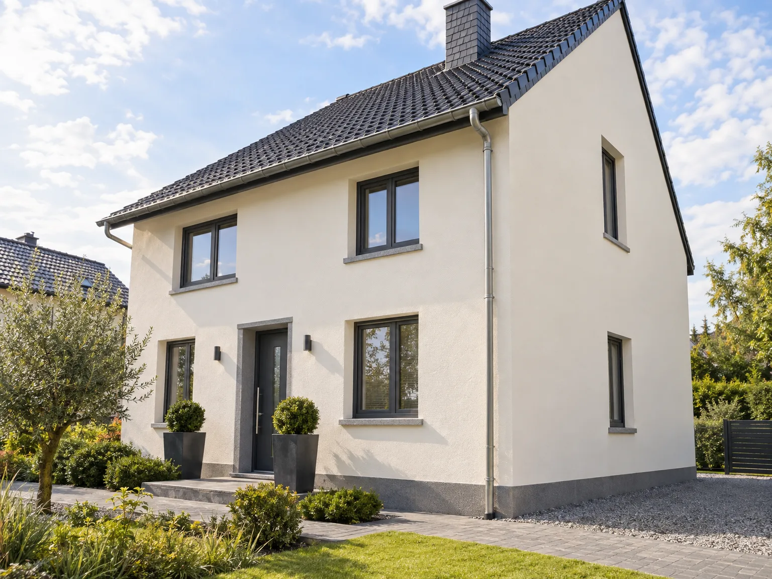 Maison rénovée : toiture en tuiles noires, façade blanche enduite, fenêtres modernes et gouttières
