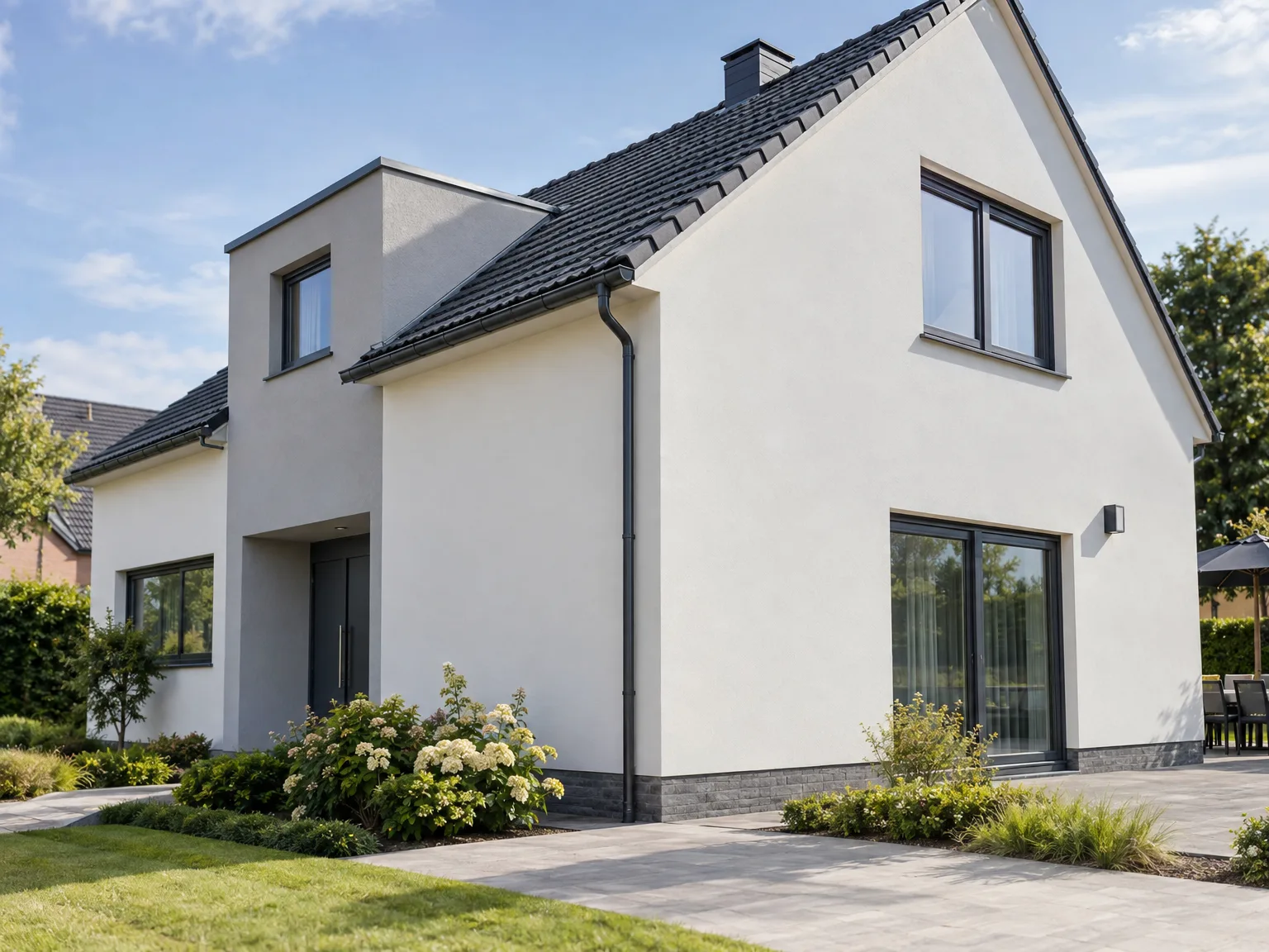 Rénovation de maison : façade blanche, toiture noire et aménagement paysager