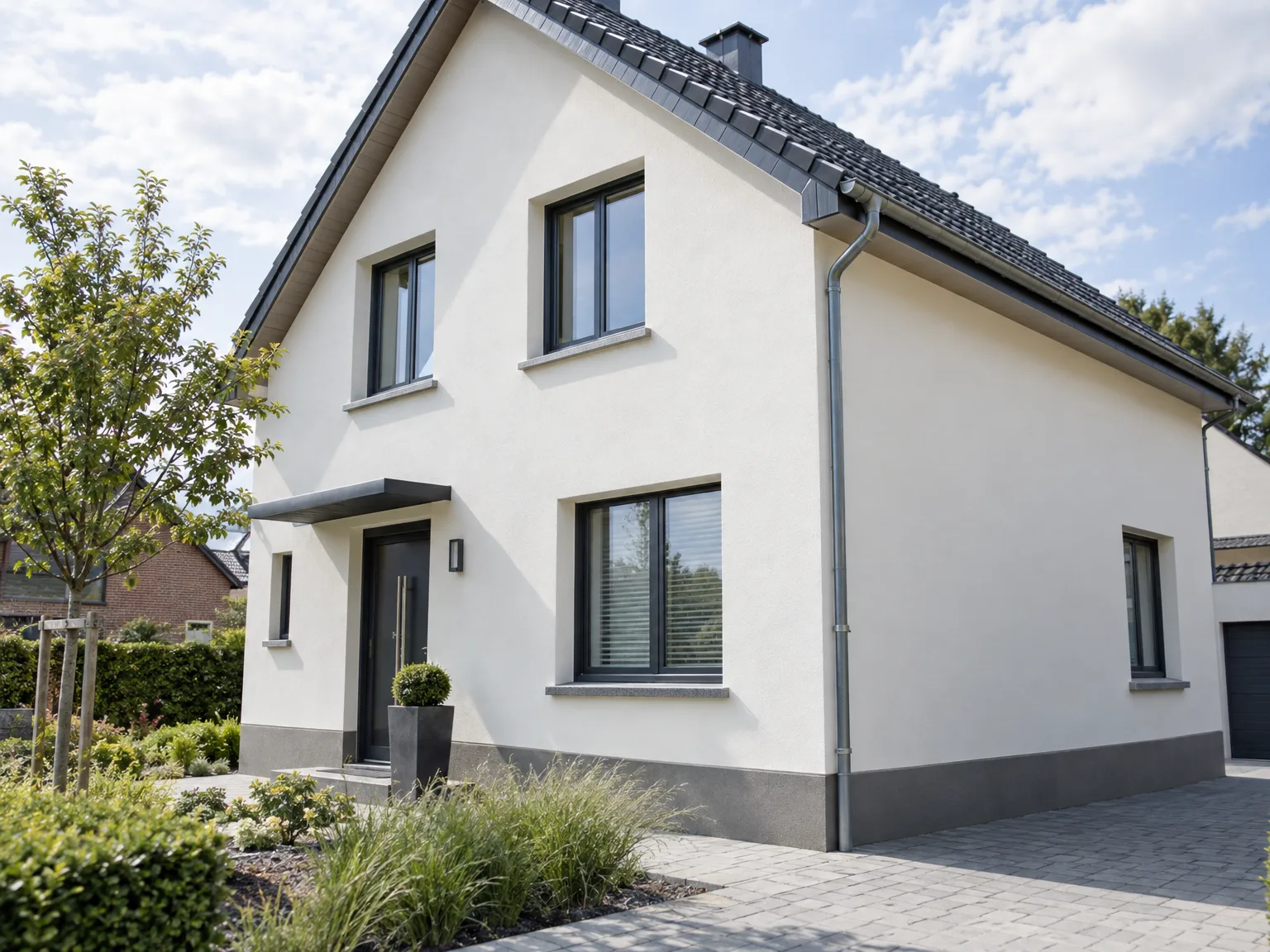 Ravalement de façade blanche, toiture ardoise noire avec zinguerie et aménagement jardin