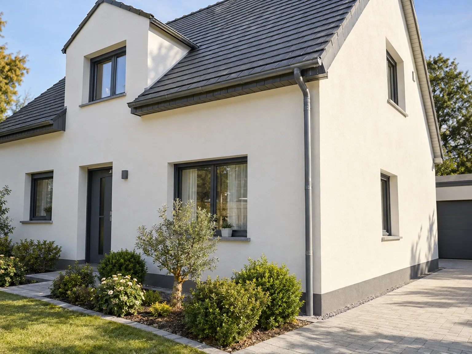 Ravalement de façade blanc, Rénovation de toiture noire et Aménagement extérieur d'une maison rénovée