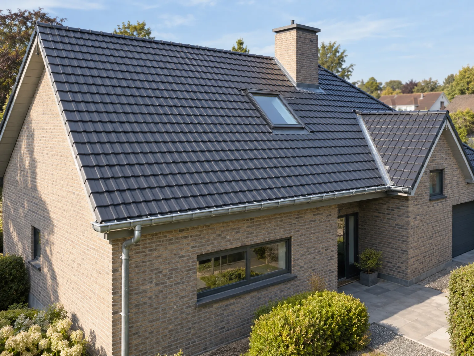 Maison rénovée avec toiture en ardoise gris foncé, fenêtre de toit et façade en brique