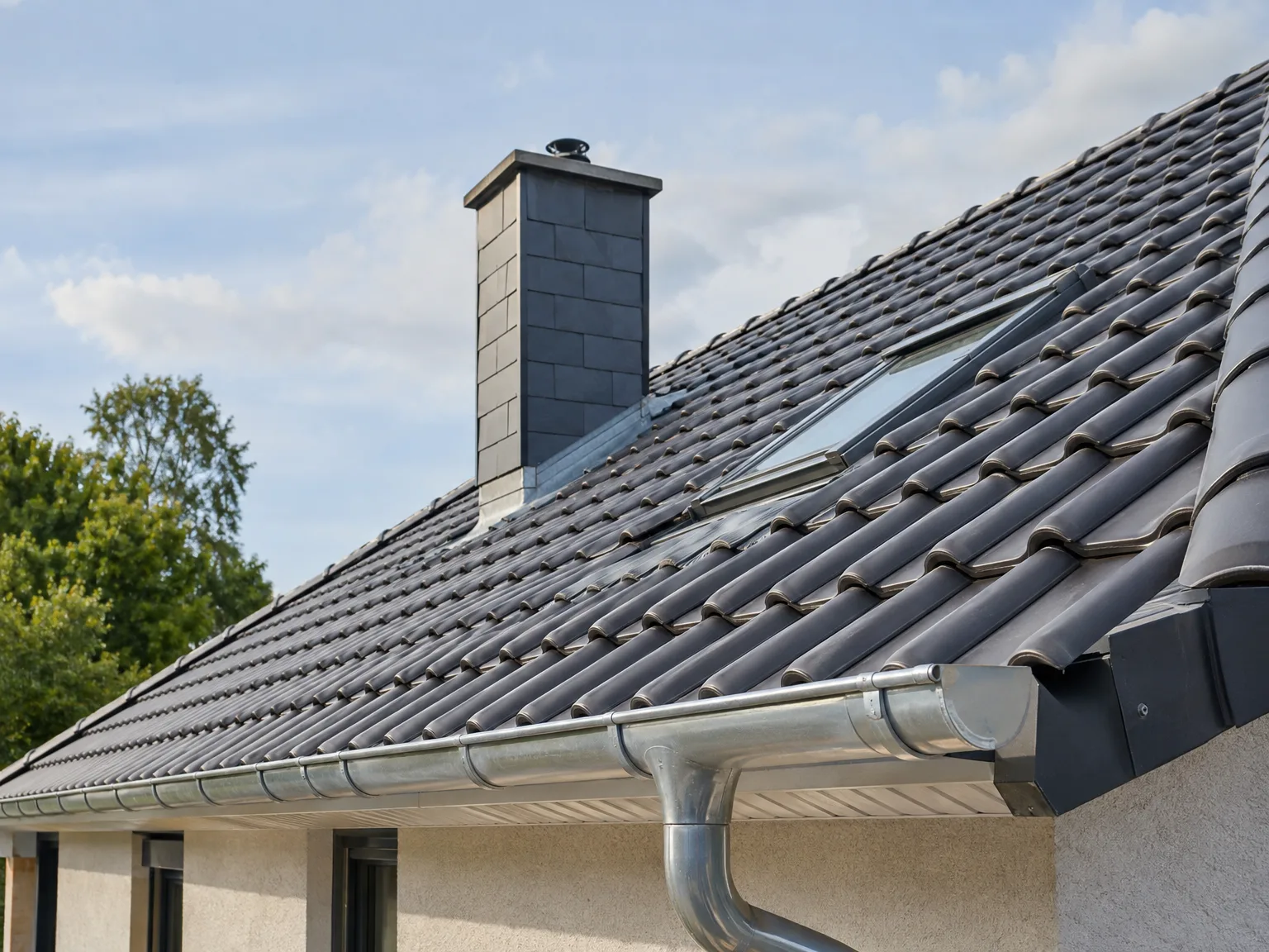 Toiture rénovée avec tuiles grises, cheminée en brique et gouttières métalliques