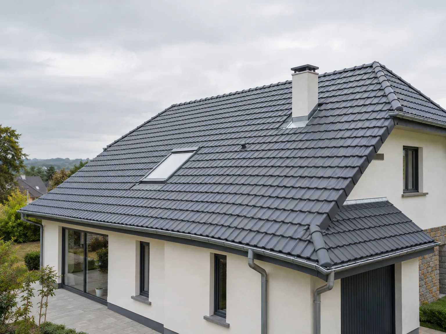 Toiture en tuiles noires avec cheminée et fenêtres de toit sur maison moderne