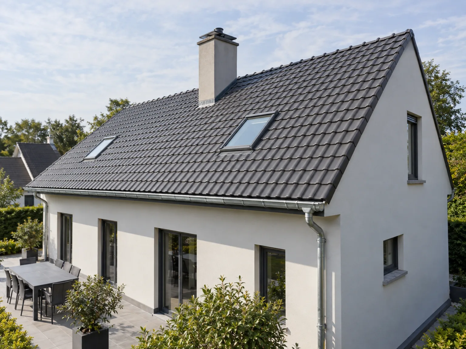 Maison rénovée avec toiture en tuiles grises et fenêtres de toit