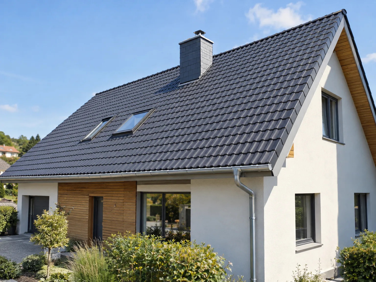 Rénovation de toiture en tuiles grises avec fenêtres de toit et zinguerie