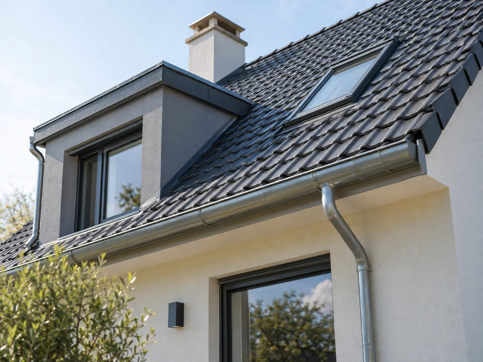 Toiture en tuiles avec fenêtre de toit intégrée et gouttière métallique