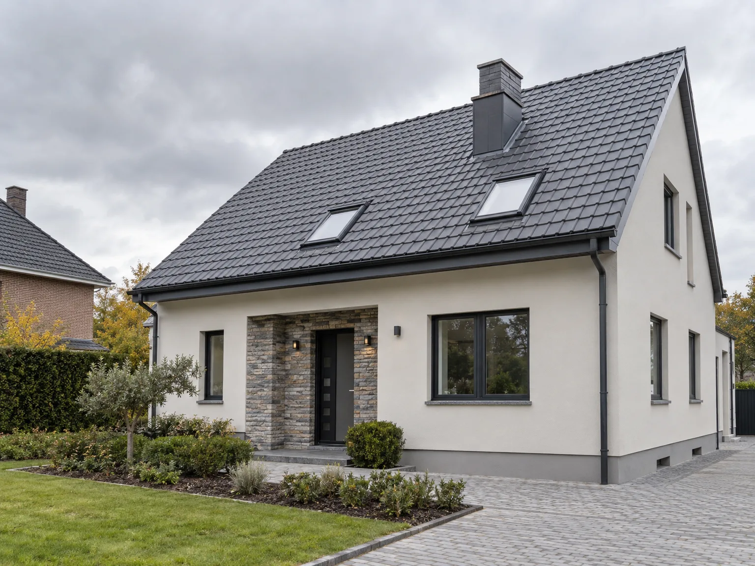 Toiture en ardoise grise rénovée, fenêtres de toit et façade blanche moderne
