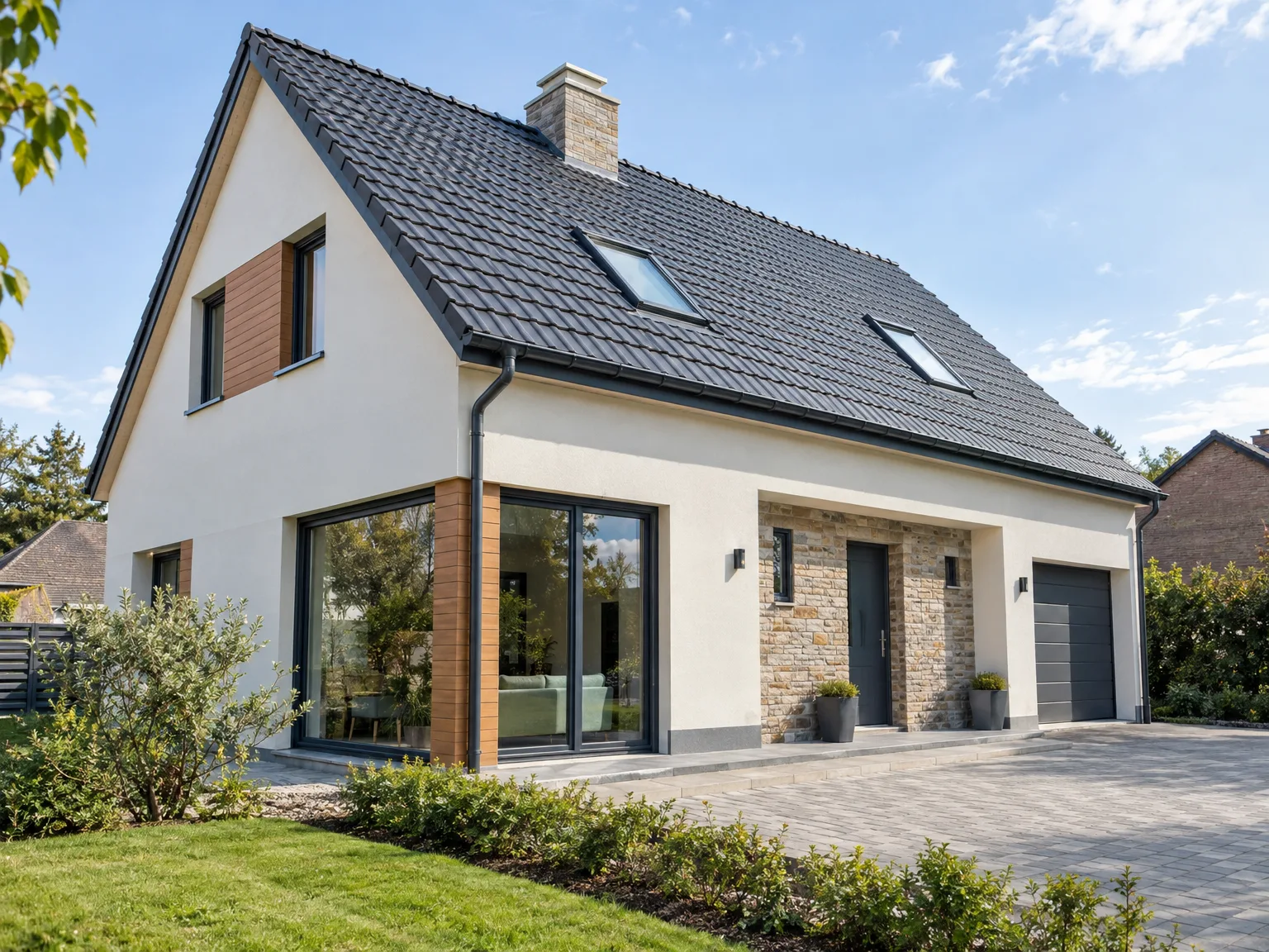 Maison rénovée : toiture noire, fenêtres de toit et ravalement de façade