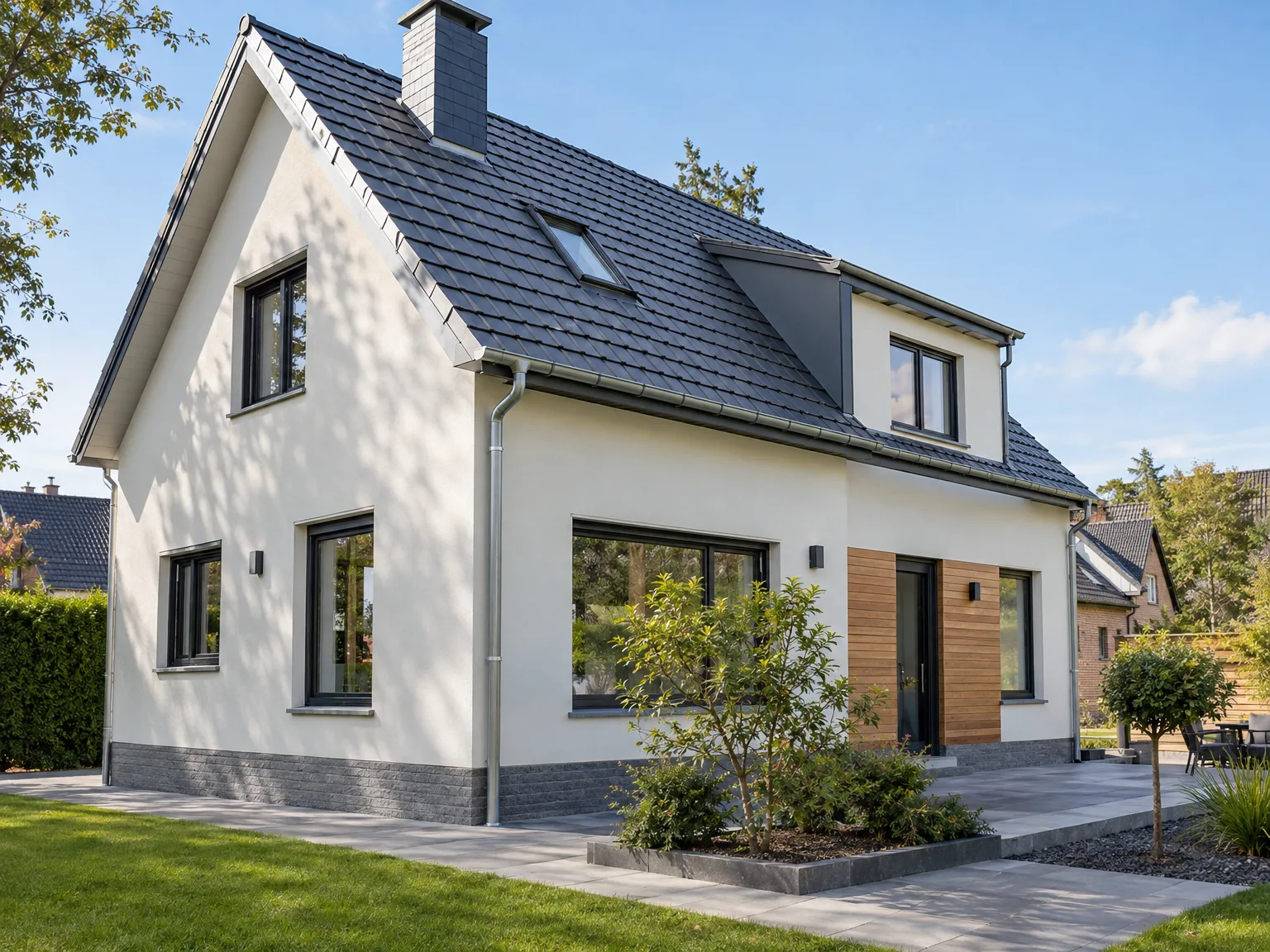 Rénovation de toiture en ardoise et ravalement de façade blanc sur maison moderne