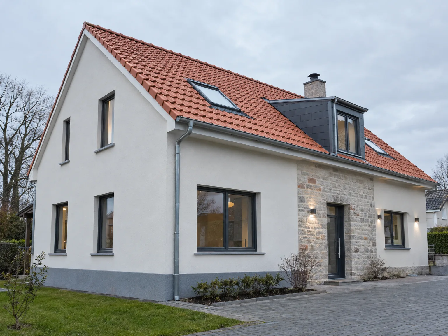 Maison rénovée : toiture tuiles, fenêtre de toit, zinguerie et enduit façade blanc