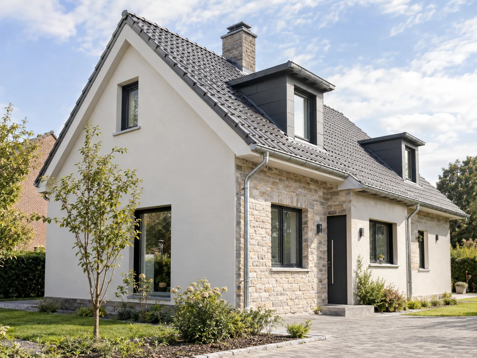 Maison rénovée : toiture ardoisée avec lucarnes, façade ravalée en blanc lisse, soubassement en pierre naturelle