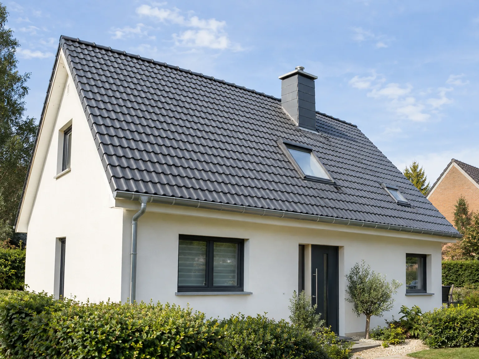 Toiture en tuiles gris-noir et ravalement de façade blanche rénovée