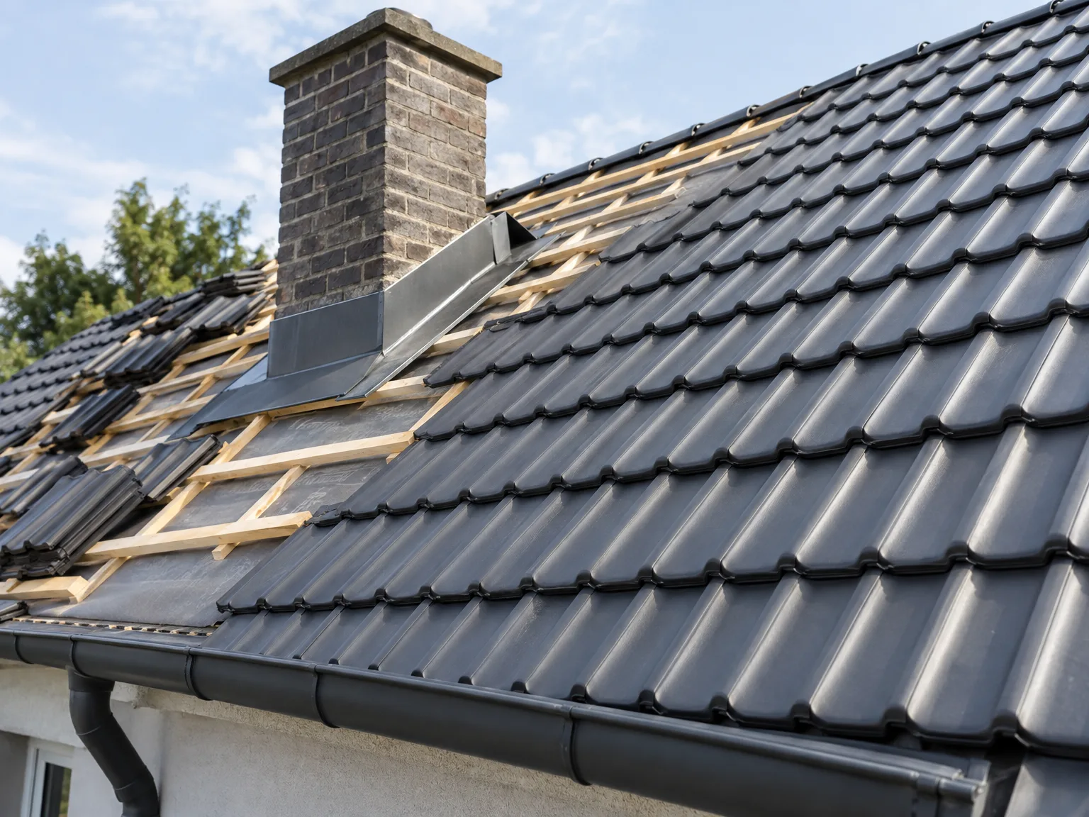 Rénovation de toiture en tuiles noires avec charpente, zinguerie et gouttière métalliques