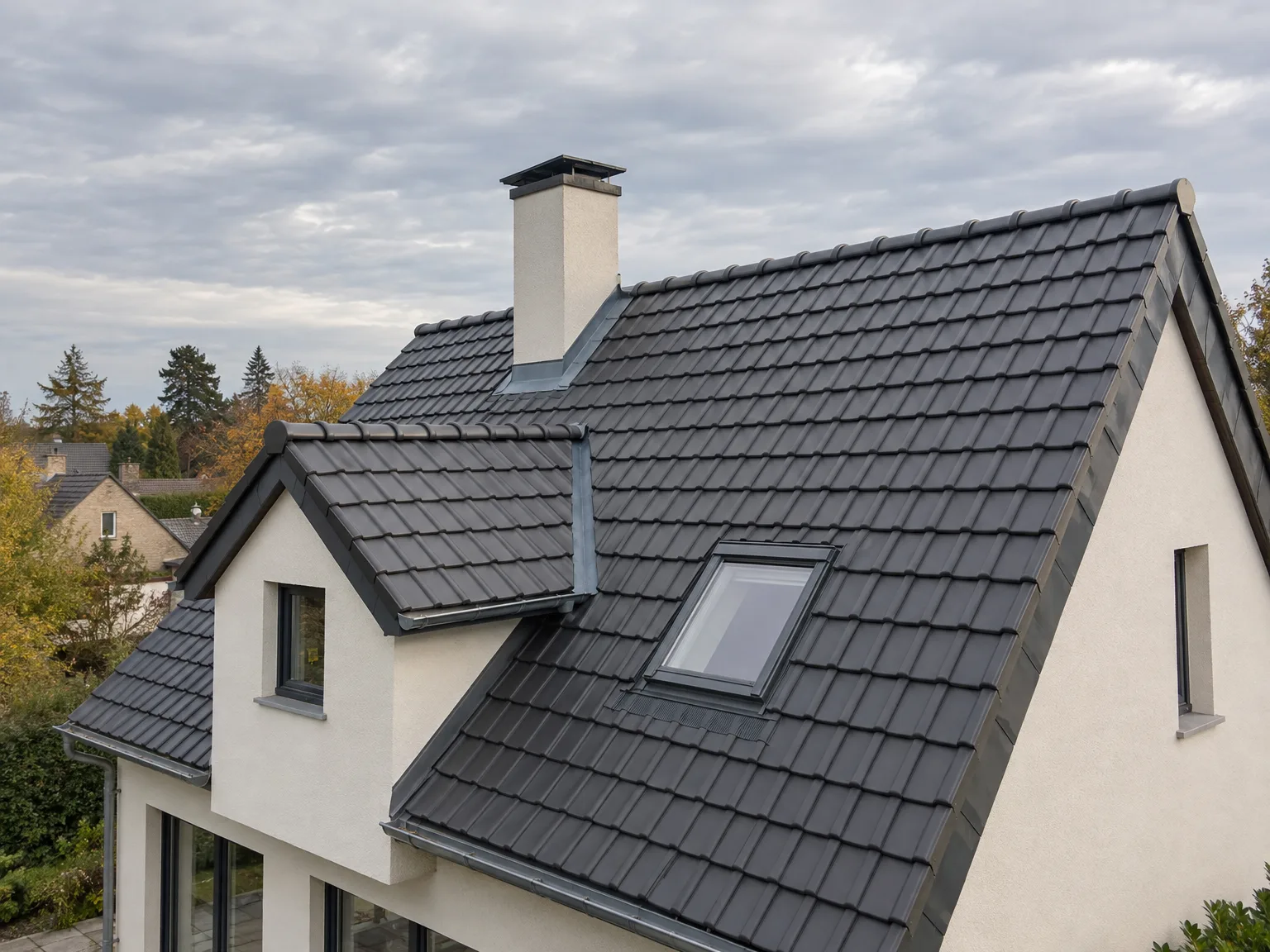 Maison moderne avec toiture en tuiles grises, cheminée blanche et fenêtre de toit