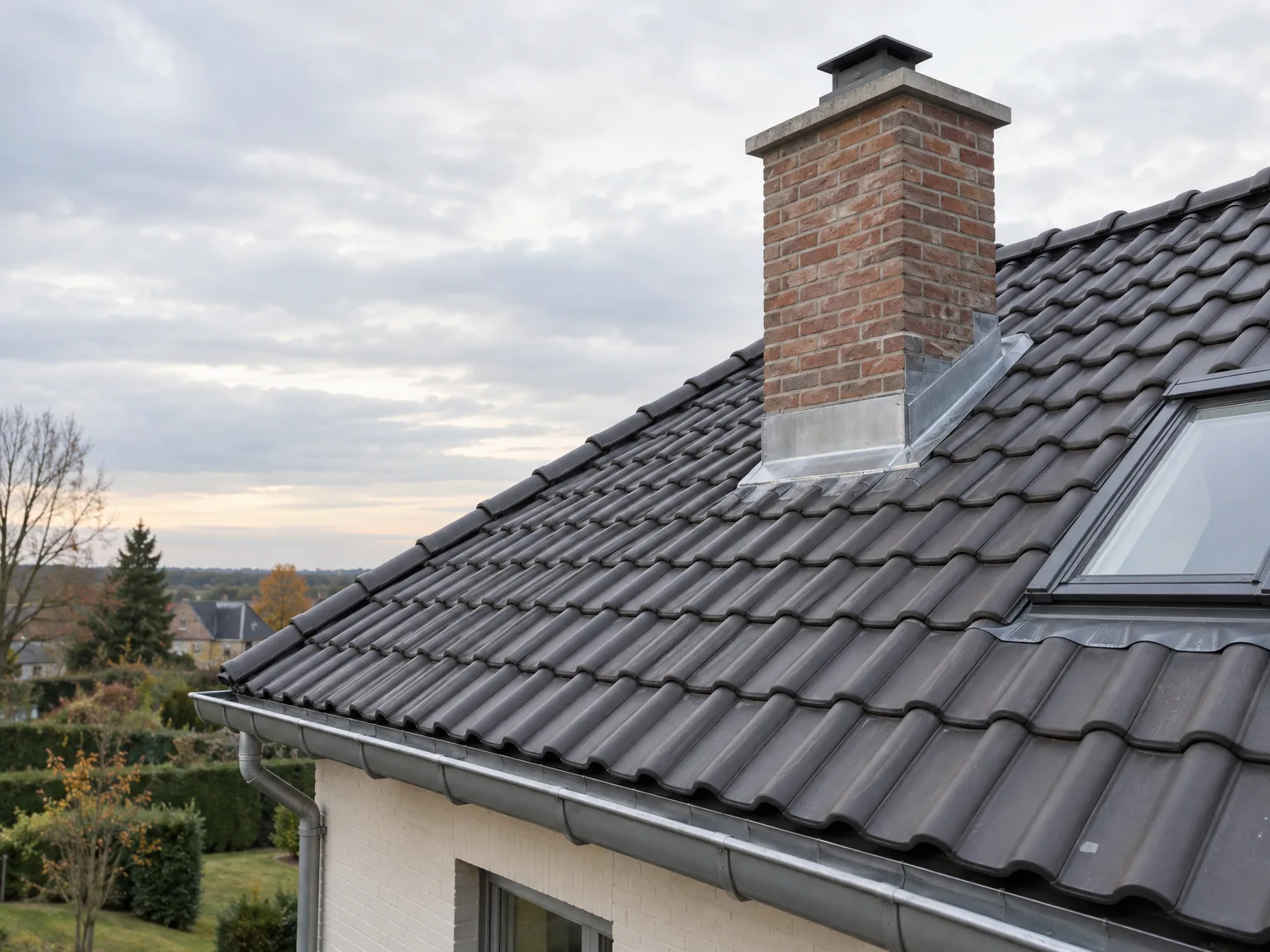 Toiture en tuiles noires avec fenêtre de toit et gouttière métallique