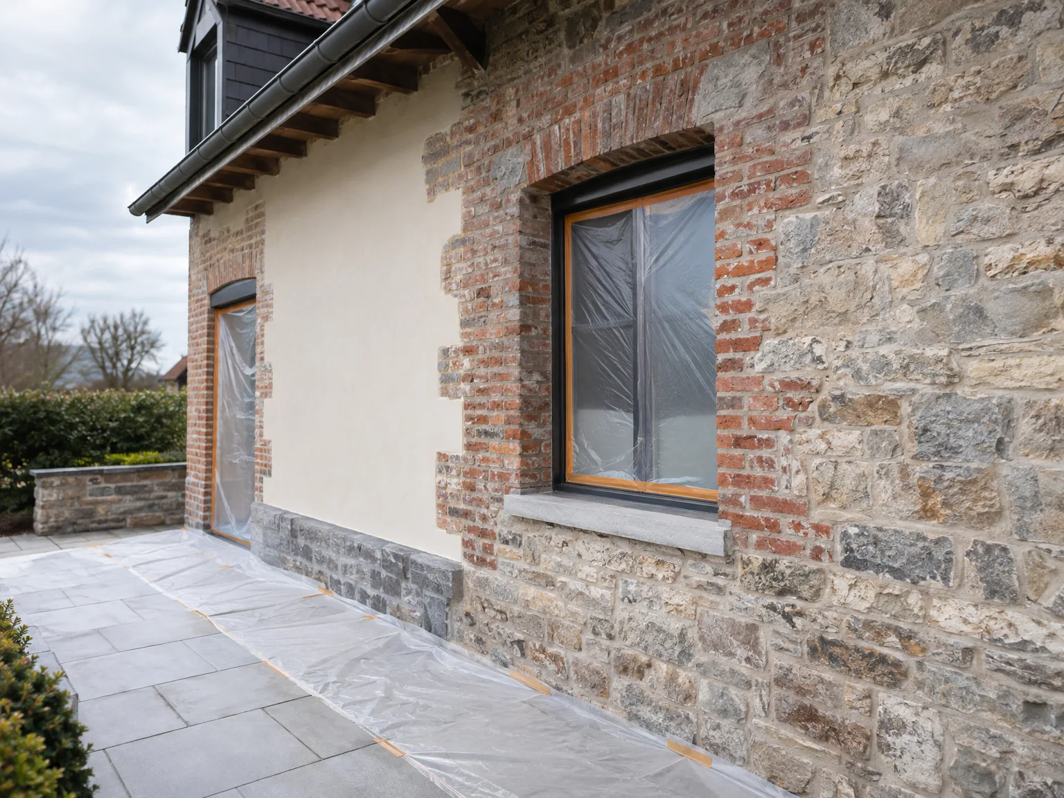 Ravalement de façade en pierre et brique, fenêtres bois, terrasse pavée