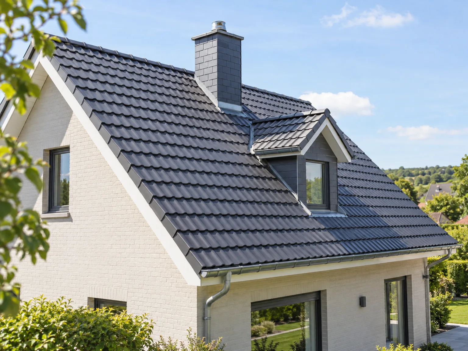 Maison avec rénovation de toiture en tuiles gris foncé, zinguerie et fenêtres de toit modernes