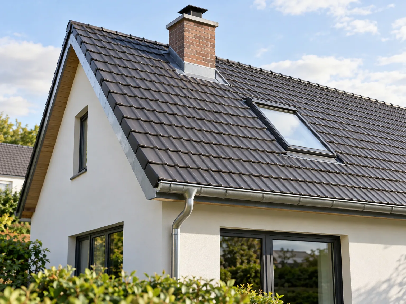 Rénovation de toiture en tuiles noires avec fenêtre de toit et gouttières