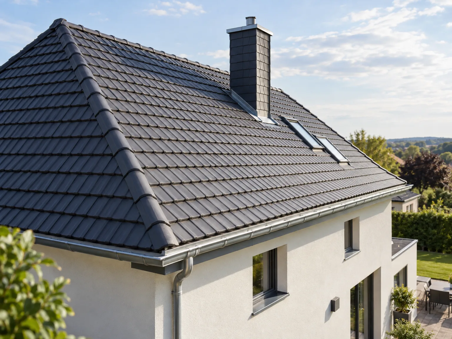 Rénovation de toiture en ardoise grise avec cheminée, gouttières et fenêtres de toit