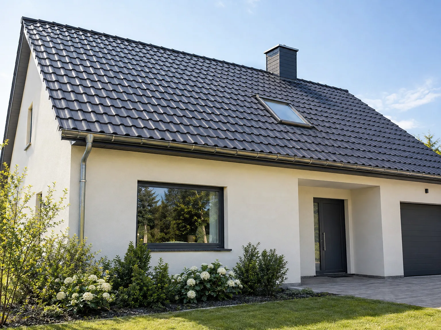 Rénovation de toiture en tuiles gris anthracite avec fenêtre de toit et zinguerie