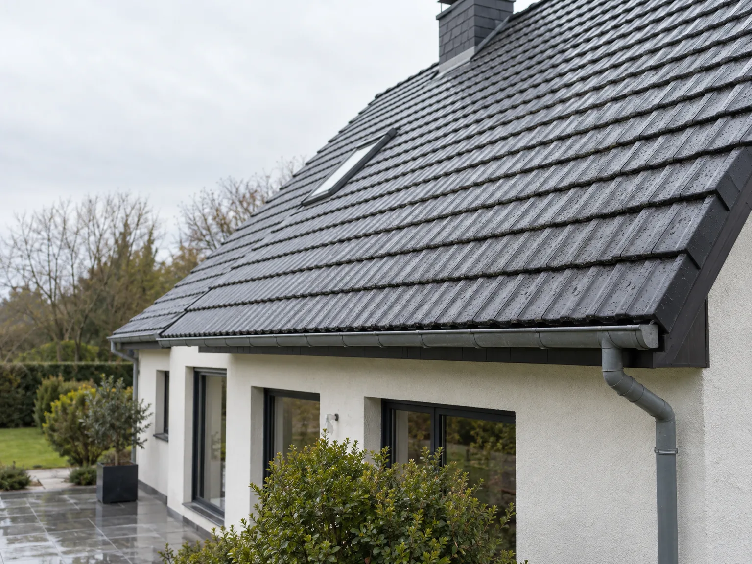 Rénovation de toiture en ardoise grise avec zinguerie et descente d'eau métallique