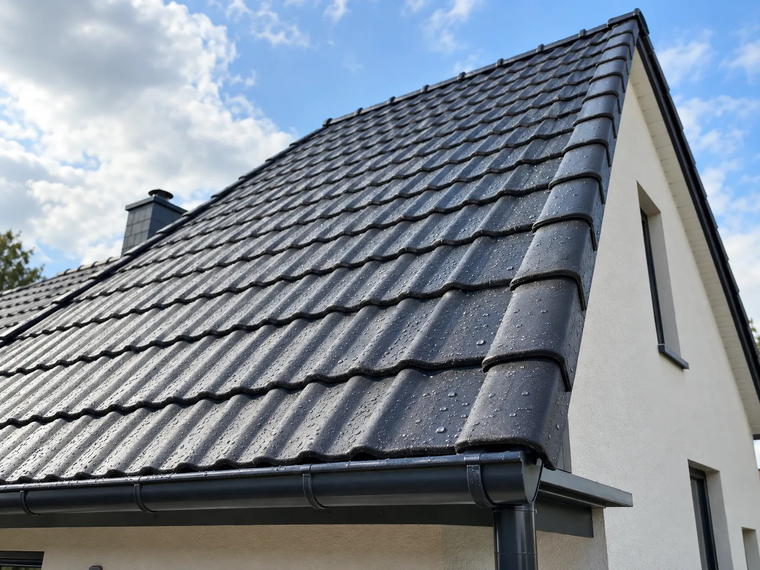 Toiture couverte de tuiles grises avec gouttière noire en bon état de conservation