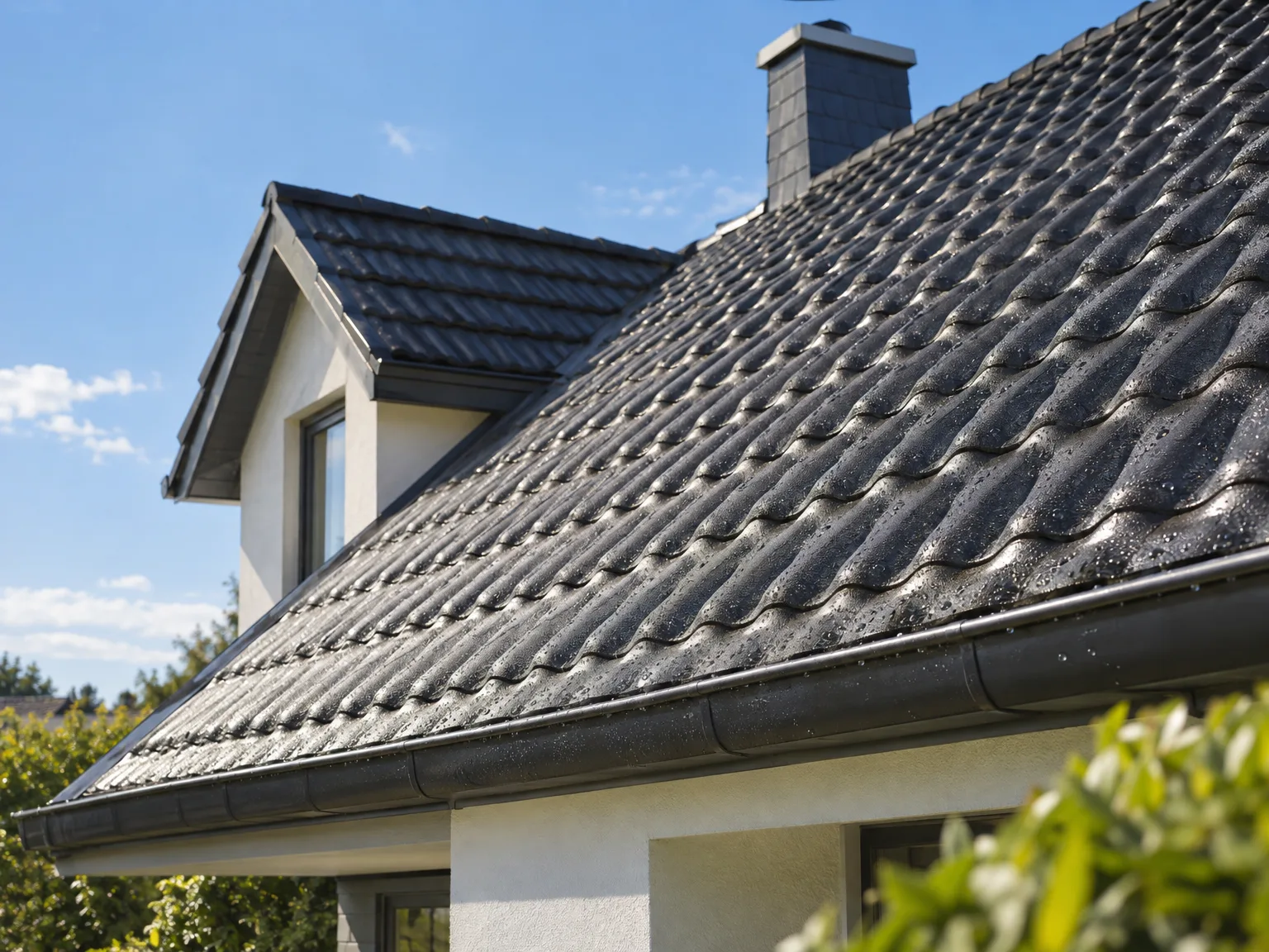 Rénovation de toiture : tuiles grises, fenêtre de toit et gouttière noire