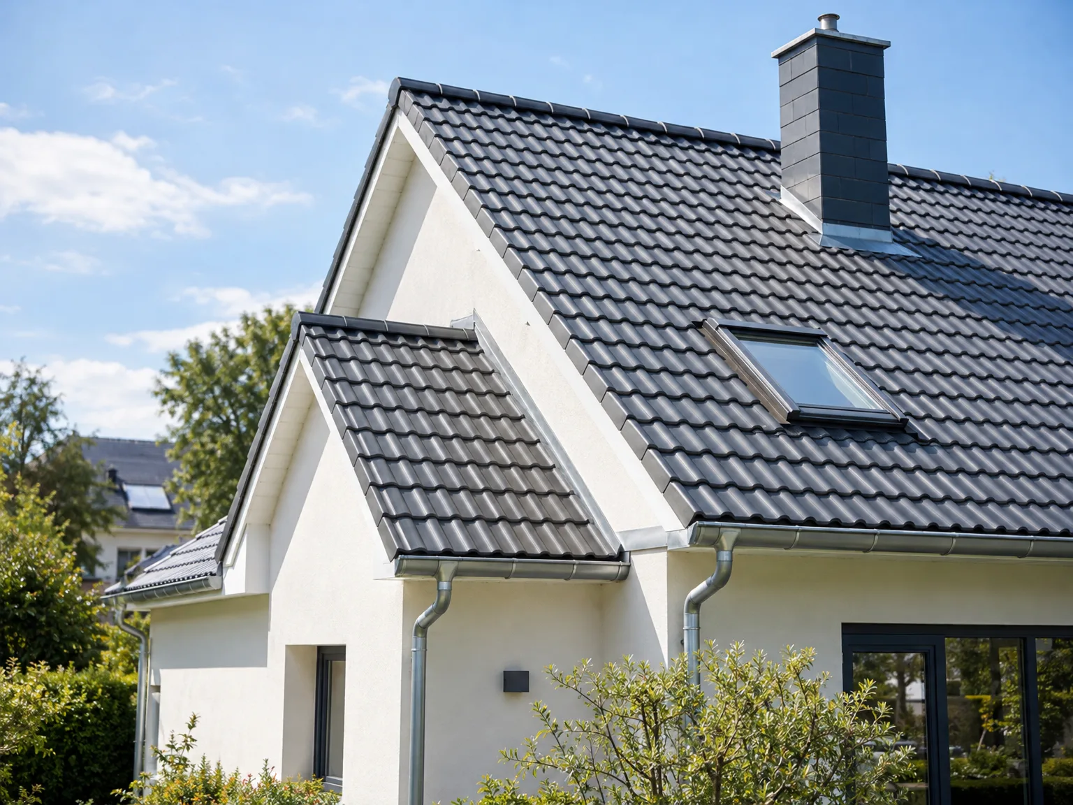 Maison aux murs blancs avec toiture en tuiles noires, gouttières métalliques et fenêtre de toit