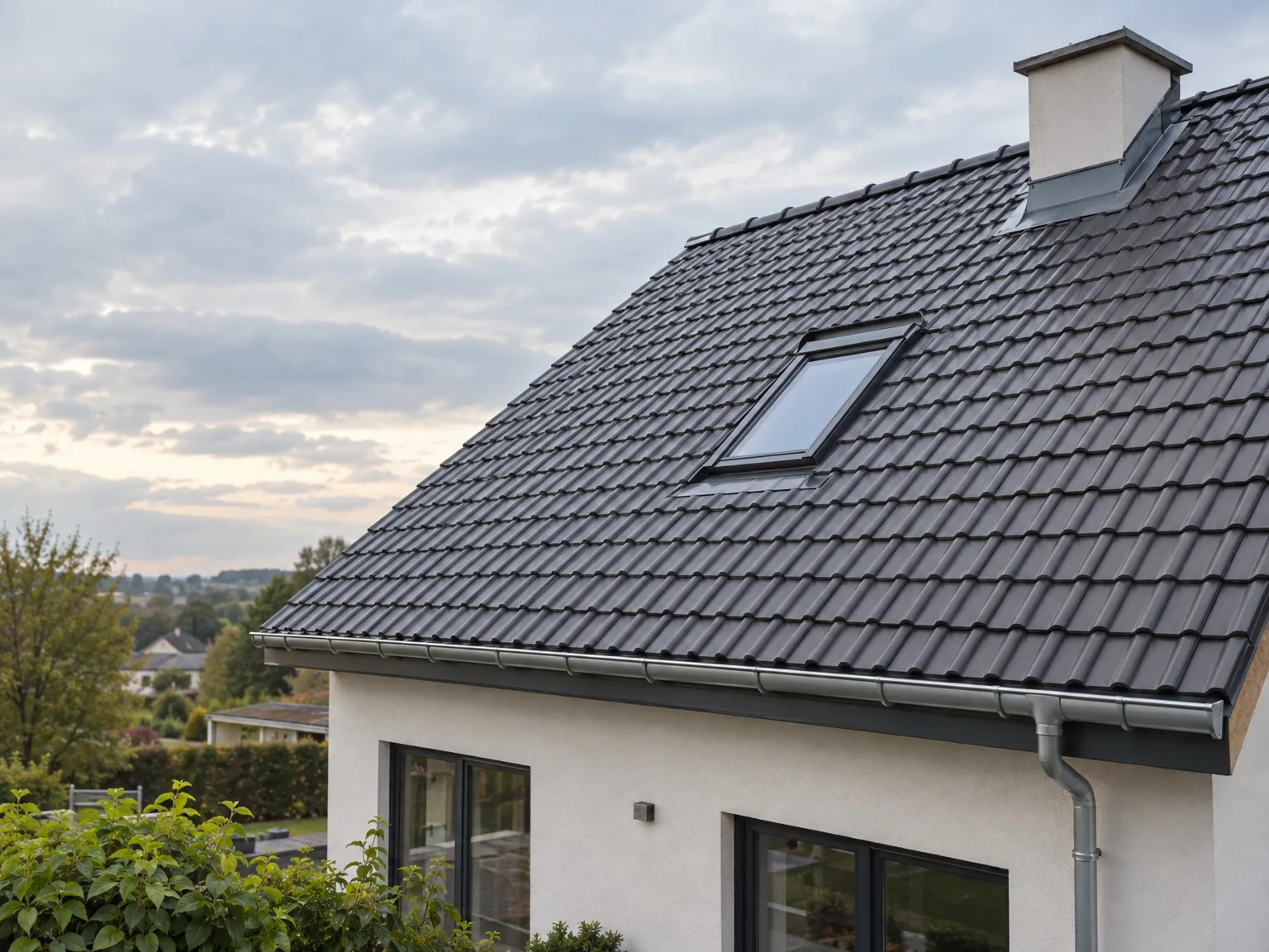 Toiture rénovée avec couverture noire, fenêtre de toit et zinguerie