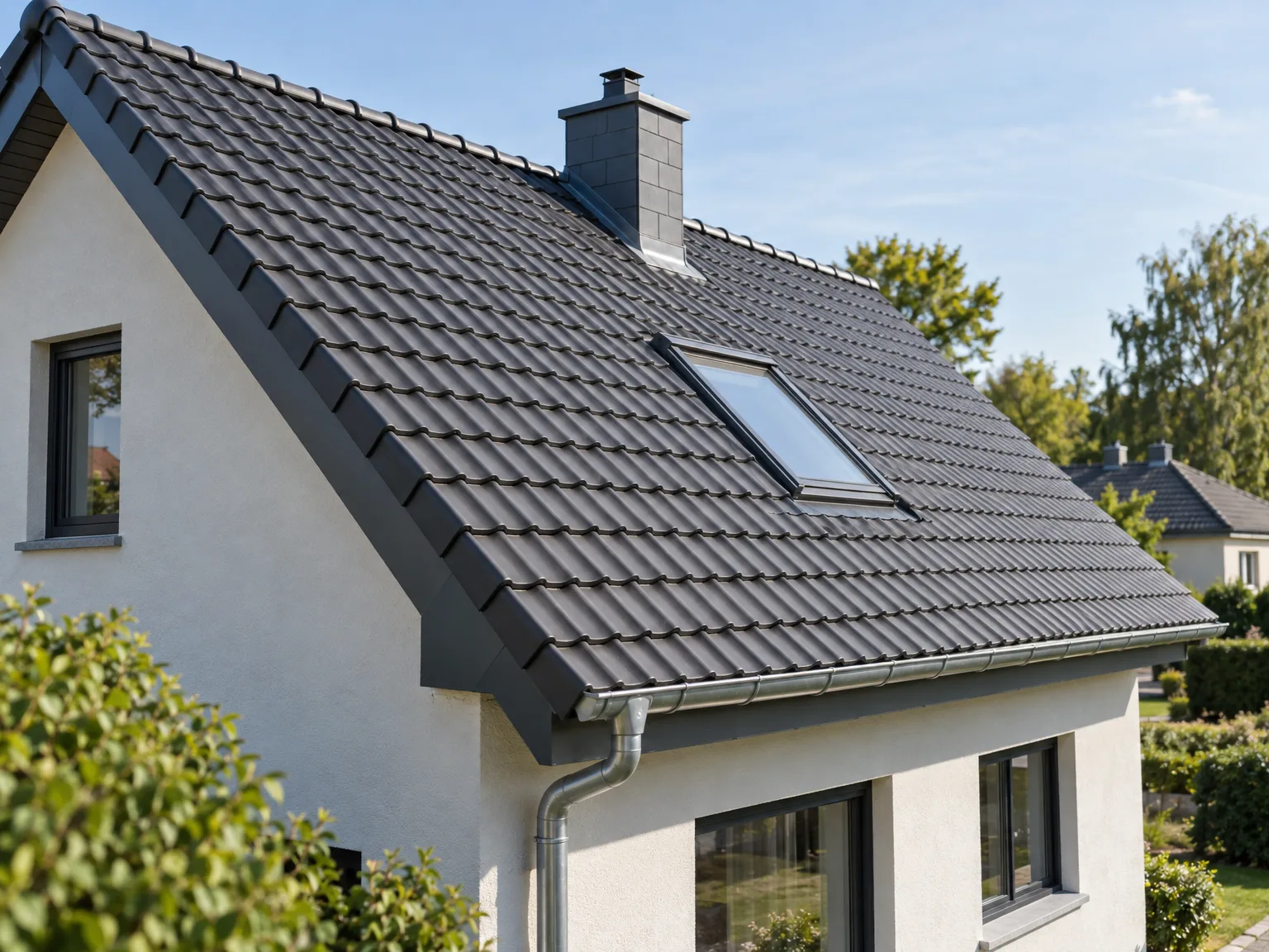 Rénovation de toiture en tuiles grises avec fenêtre de toit et gouttières métalliques