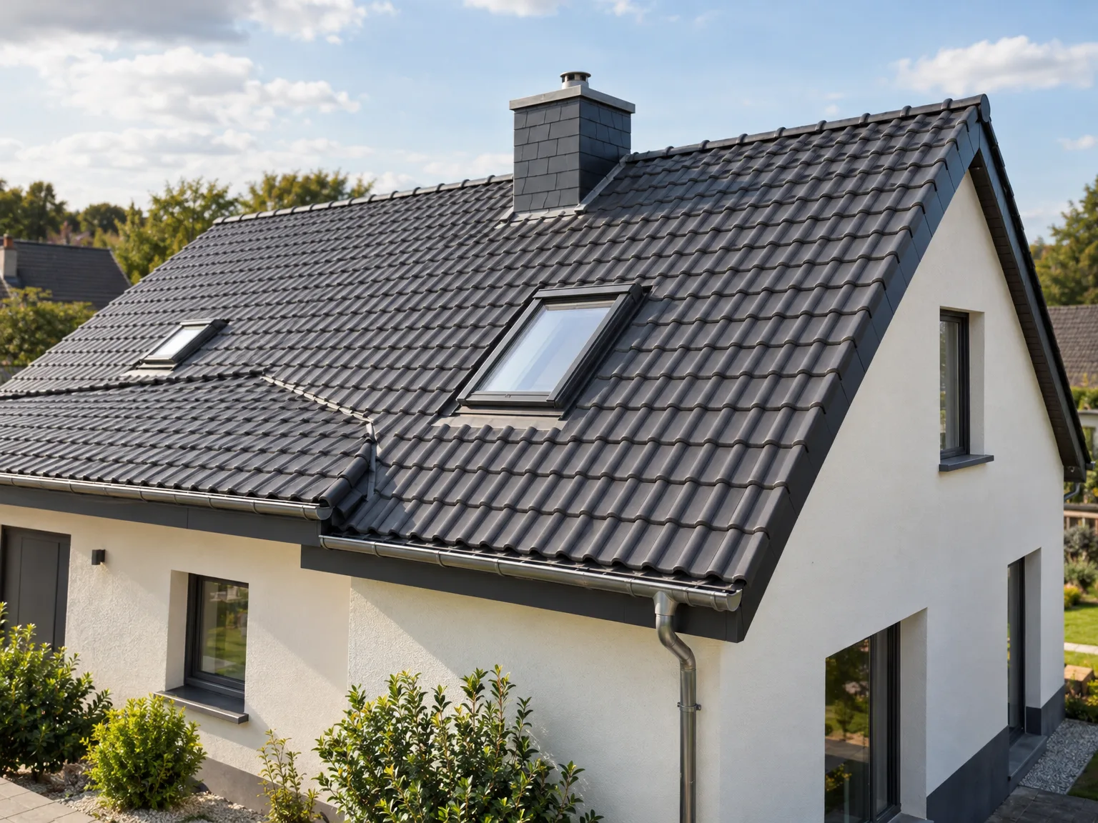 Rénovation de toiture avec tuiles grises, fenêtres de toit et gouttières