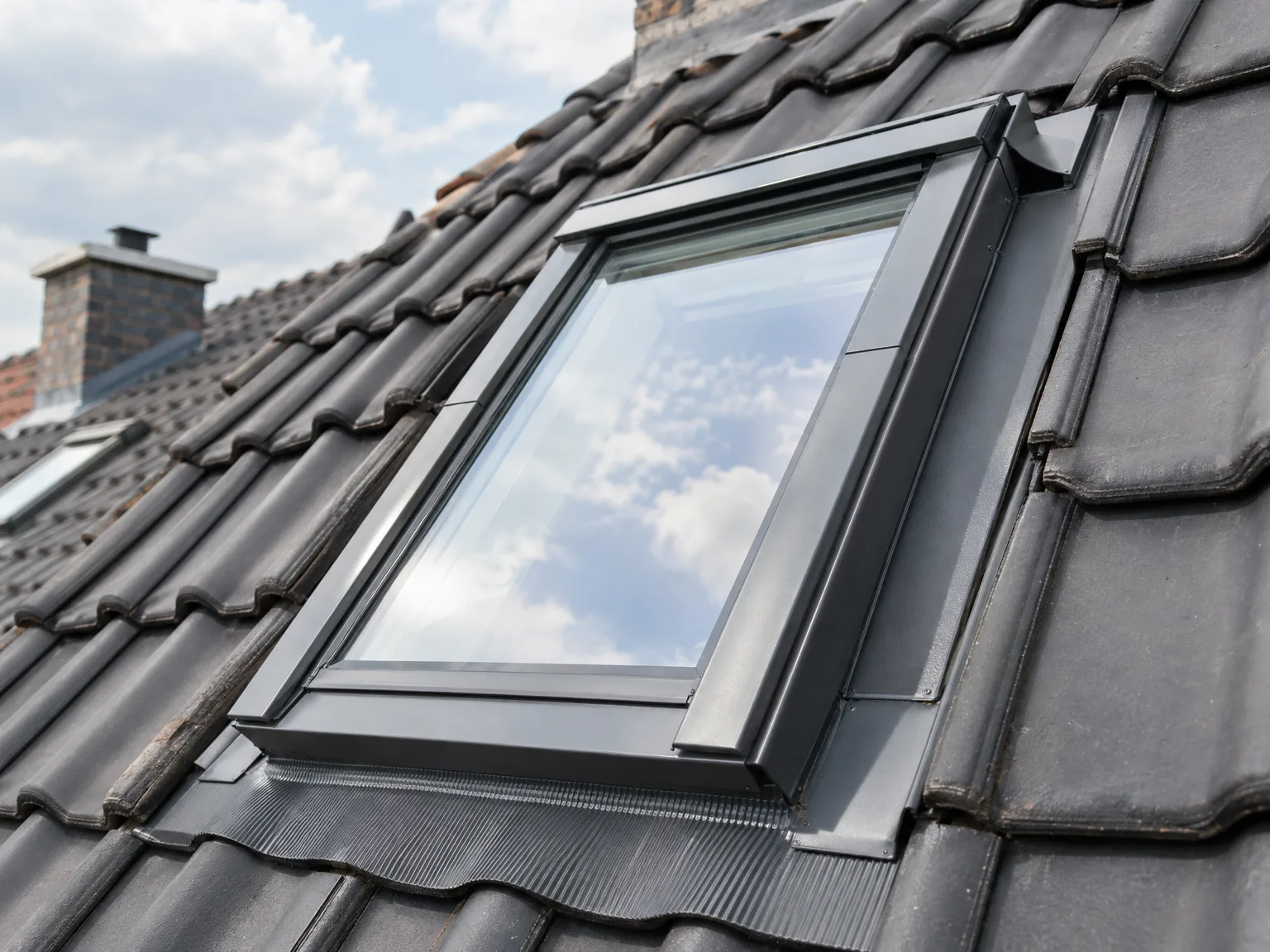 Fenêtre de toit moderne intégrée dans une toiture en tuiles noires