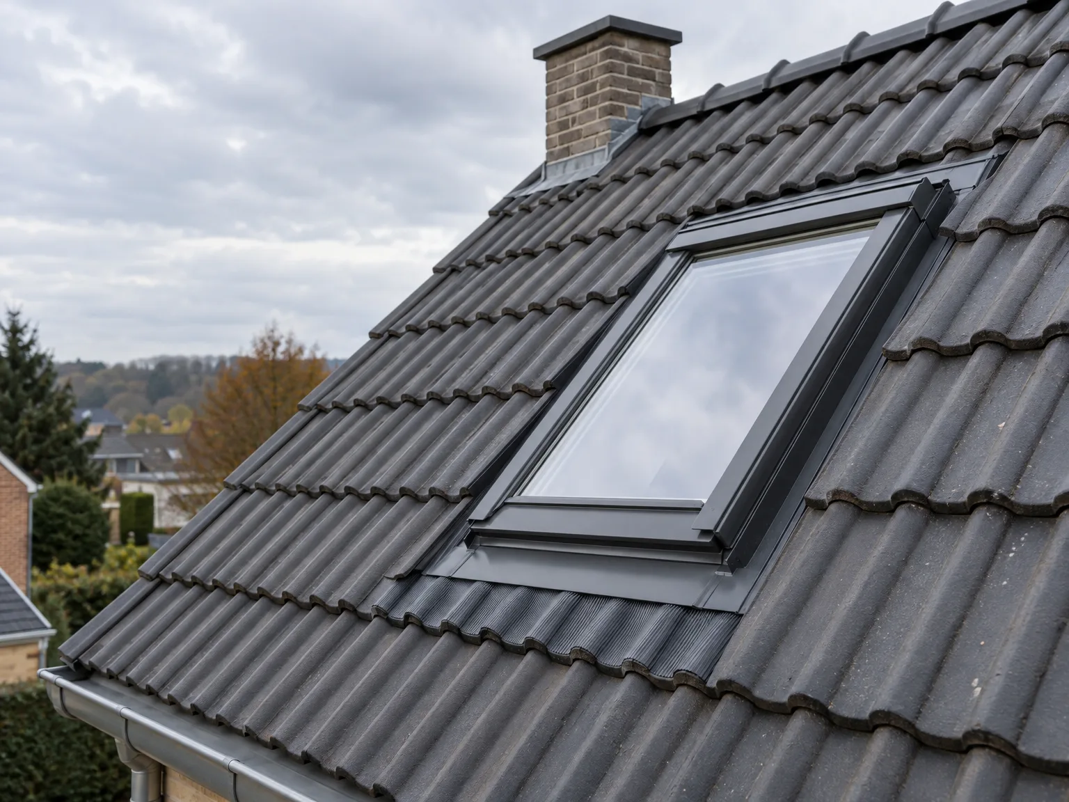 Fenêtre de toit professionellement intégrée dans une toiture en tuiles noires avec obturations métalliques