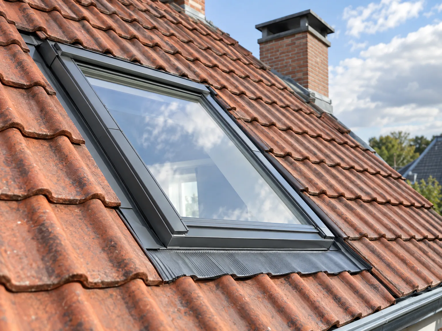 Fenêtre de toit noire posée sur toiture en tuiles terracotta avec cheminée en fond